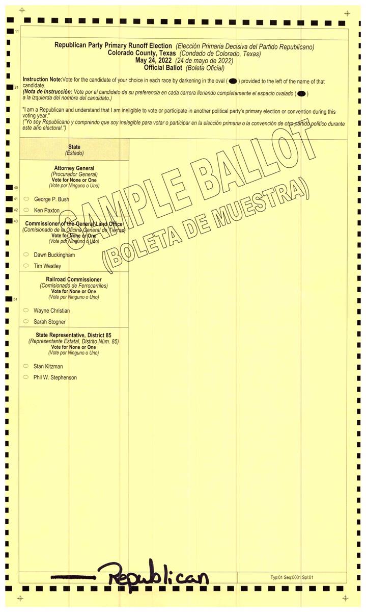 Republican sample ballots for the May 24, 2022 Primary Runoff Election - A